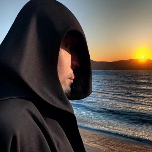 Prompt: a man in black cloak with covered face looking at the sunset