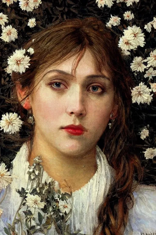 Image similar to close - up fashion black woman portrait airy flowers cloudy sky art by vasnetsov