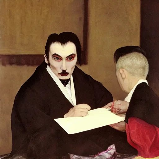 Image similar to dracula as an aging sumo signing autographs by monet