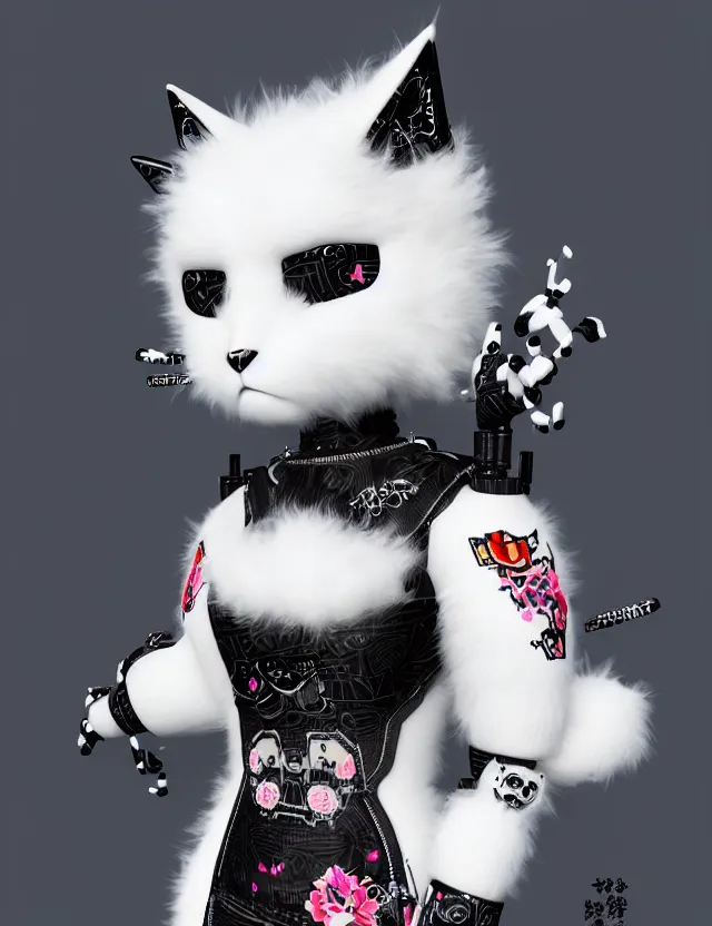 Prompt: full body portrait of a gothic style punk white fluffy cat robot with kanji tattoos and decals wearing a digital pixelated kimono, intricate design, photo - realistic, octane render, dark colour palette, ultra fine detailed, character design, trending on artstation