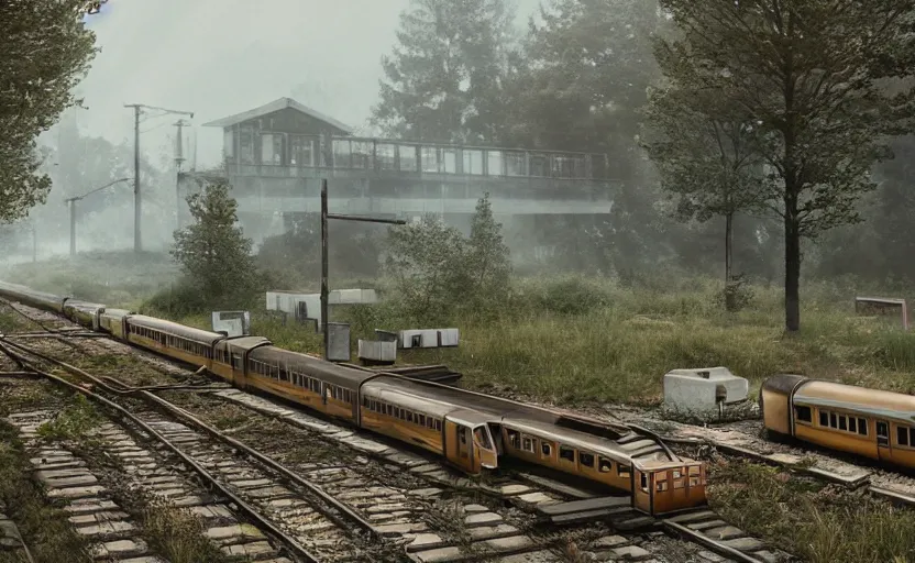 Image similar to An abandoned train station by Simon Stalenhag, hyperrealism art, cinematic lighting, overgrown swedish urban landscape, 8k resolution, trending on artstation