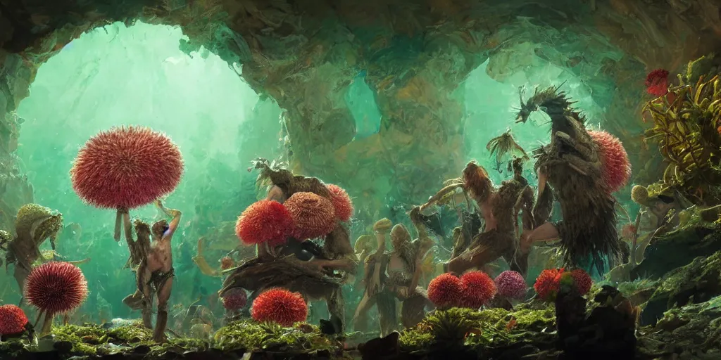 Prompt: digital artwork of anthromorphic sea urchin male, rock band, performing on stage full of beautiful flowers, guitar, advanced stage lighting, audience under stage waving green glow sticks, concept art, 8 k, by greg rutkowski, gaston bussiere, 3 d vray render, craig mullins, high detail, cinematic, ue 4, unreal engine