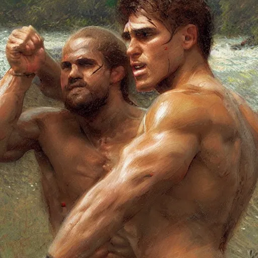 Image similar to young warriors wrestling by a river, playful, male, muscular, detailed face, gorgeous, amazing, muscular, intricate, highly detailed, painting by Gaston Bussiere, Craig Mullins