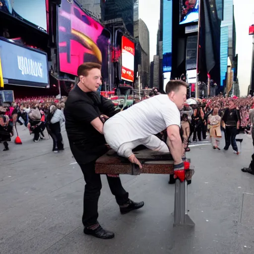 Prompt: Elon Musk being dragged to the guillotine in the middle of Times Square, photography, 8k