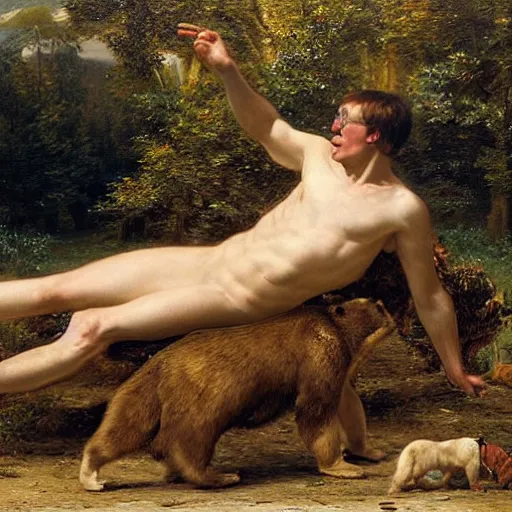 Prompt: stephen hawking fighting a bear by edward poynter