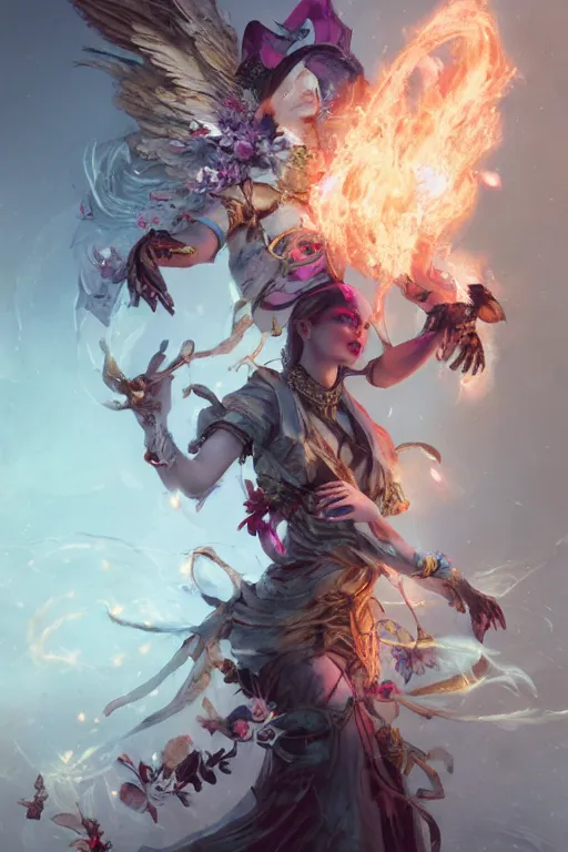 Image similar to beautiful girl necromancer, witch - doctor exploding into flowers, angels, 3 d render, hyper - realistic detailed portrait, ornaments in background, holding electricity and birds, ruan jia, wlop. scifi, fantasy, hyper detailed, octane render, concept art, peter mohrbacher