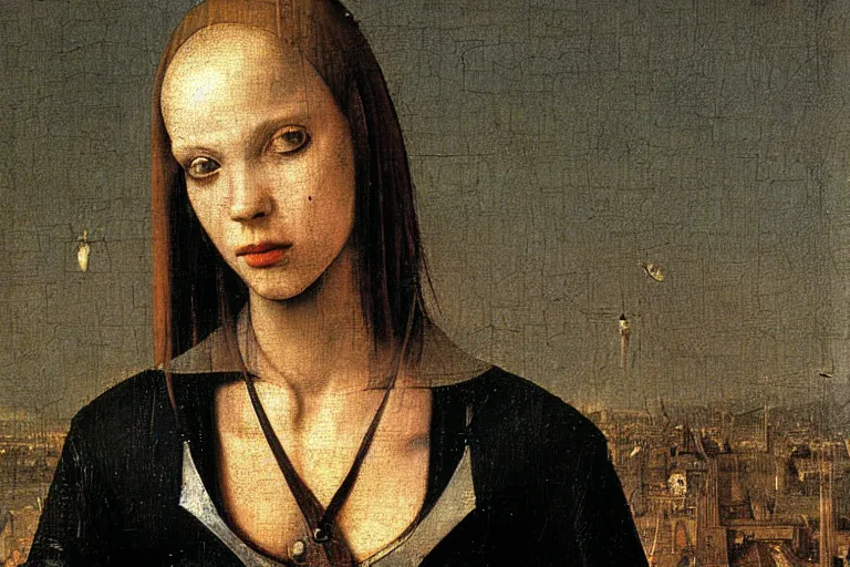 Prompt: close up portrait of a punk girl in a cyberpunk city, oil painting by canaletto hieronymus bosch leonardo da vinci