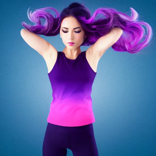 Image similar to a award winning half body shot of a beautiful woman in a croptop and leggings with a ombre purple pink teal hairstyle with head in motion and hair flying, outrun, vaporware, highly detailed, fine detail, intricate