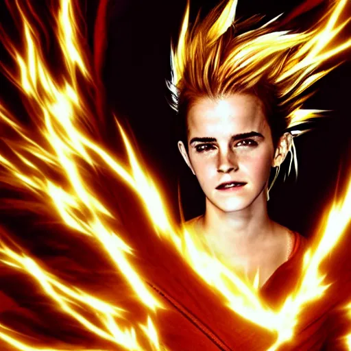 Prompt: face photo of emma watson as super saiyan as goku powering up wearing hoodie electric energy dramatic lighting by annie leibovitz