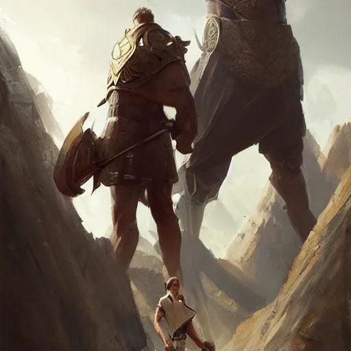Image similar to Young David with his sling in front of the giant Philistine paladin Goliath , Greg rutkowski, Trending artstation, cinematographic, digital Art