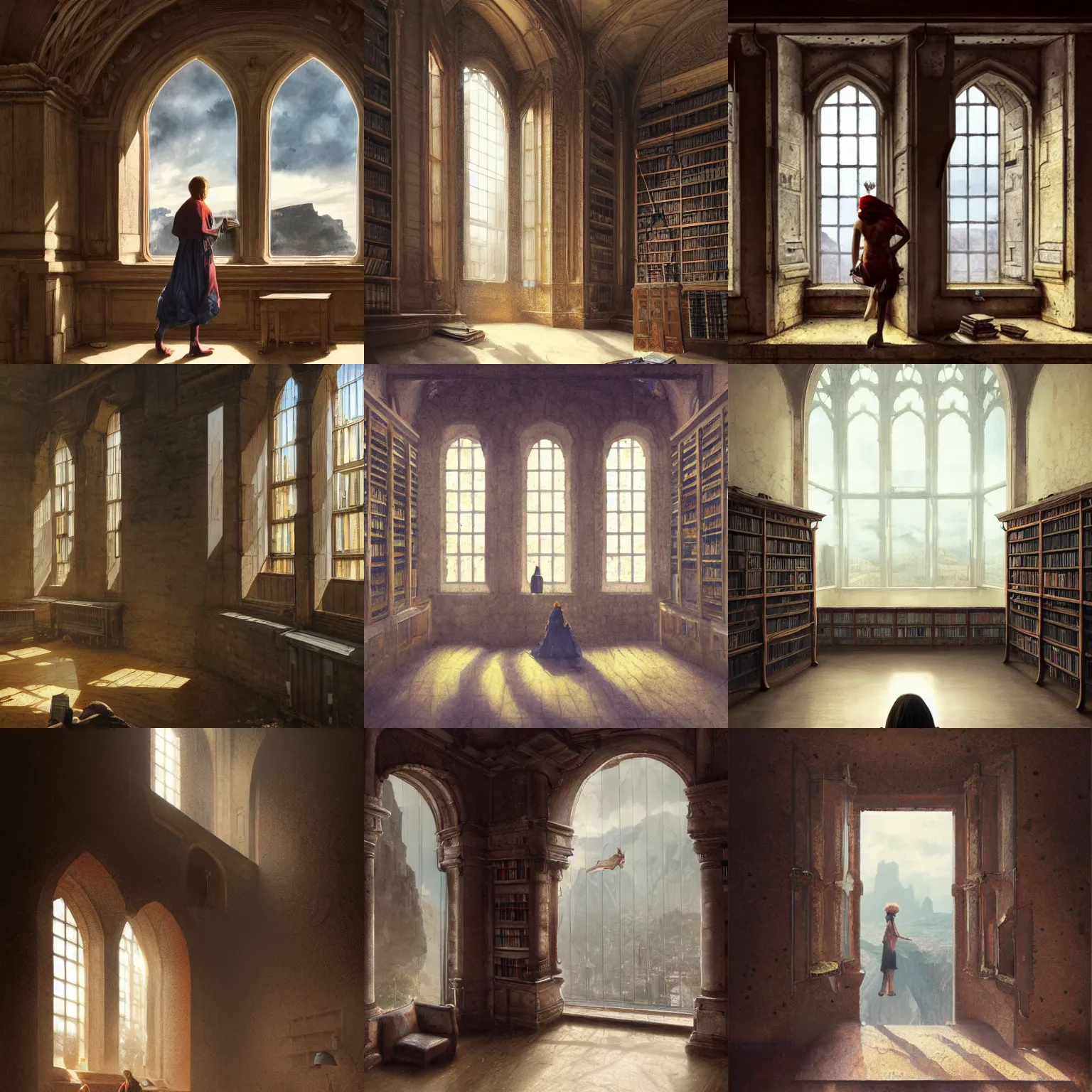 Prompt: figure looking through a wide window, castle library, big hall, cold colors, dust, lonely,, cliff side landscape, photorealistic by michael komarck, greg rutkowski, victo ngai, artgerm, willem claesz heda