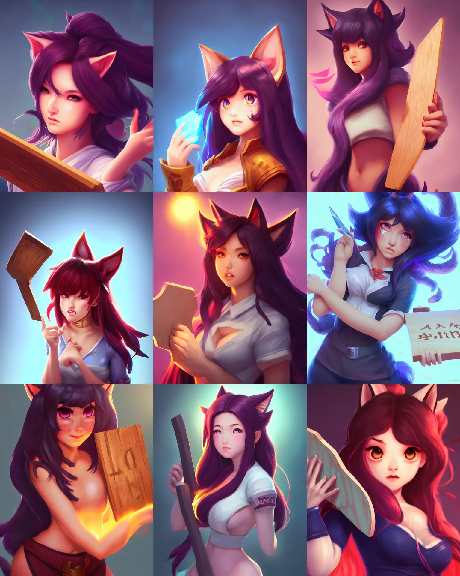 Prompt: closeup prison mugshot of ahri holding a wooden sign up to her face, league of legends, downward somber expression, artstation, illustration by kiko rodriguez and kyle lambert, 4 k, bright flash, masterpiece, post - processing, soft vignette, concrete brick background
