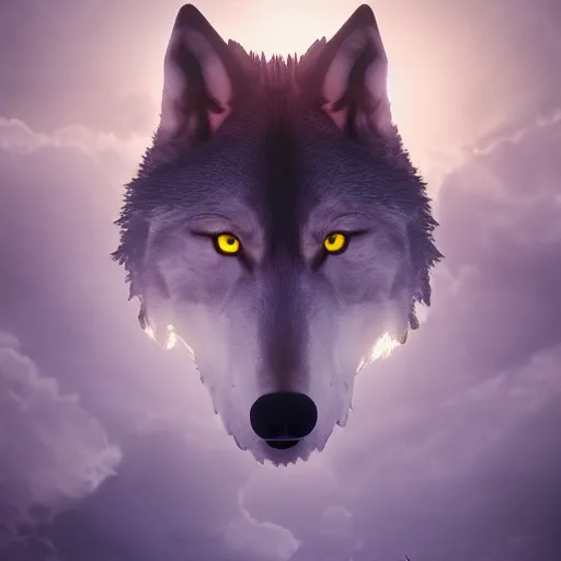 Image similar to of beksinki sky and fantasy desert on the theme and shape of a wolves head epic cinematic lighting ultra detailed 8 k hi res