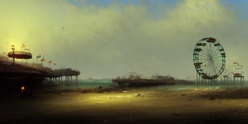 Prompt: concept art of a polluted beachfront with a broken pier and abandoned amusement park attractions, grimy, gritty, trending on artstation, award winning painting, cgi, art by ivan aivazovsky and john howe and filip hodas and zhang kechun