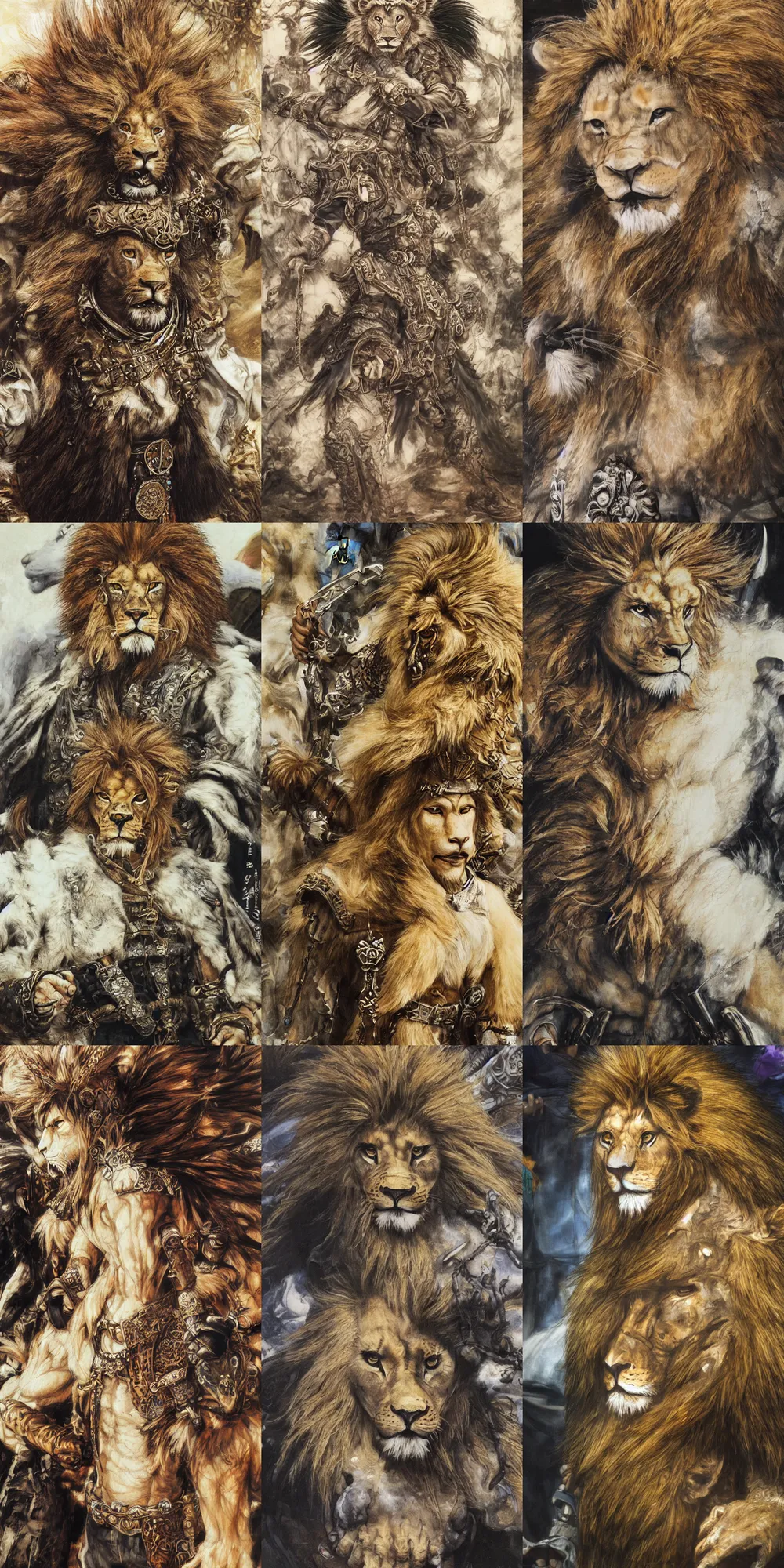 Image similar to 8 k yoshitaka amano painting of upper body of a young cool looking lion beastman with white mane at a medieval market at windy day. depth of field. he is wearing complex fantasy clothing. he has huge paws. renaissance style lighting.