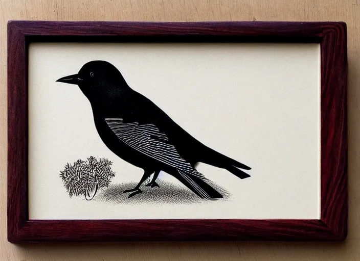 Image similar to a beautiful Wood engraving on paper of a Blackbird, framed with a white border