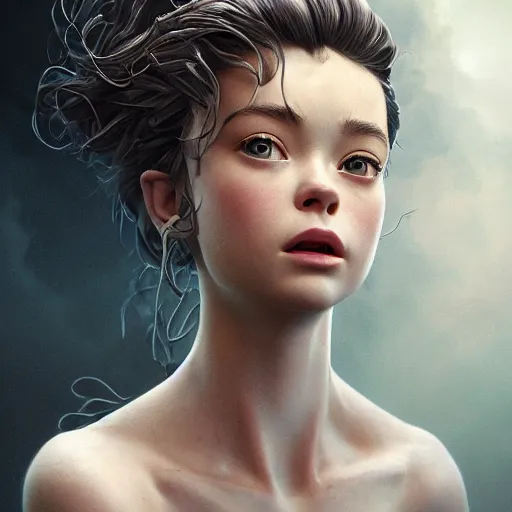 Prompt: insanely detailed head and shoulders masterpiece. instagram photo, kodak portra. by frank frazetta, wlop, ilya kuvshinov, krenz cushart, greg rutkowski, pixiv. zbrush sculpt, octane, maya, houdini, vfx. elle fanning in prey by ayami kojima. cinematic dramatic atmosphere, sharp focus, volumetric lighting.