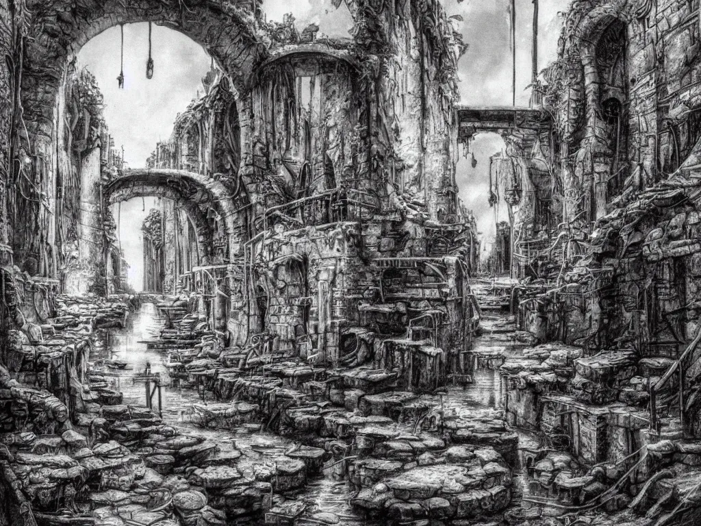 Prompt: inside the ancient flooded sewers in the old part of the city. fantasy art, adventure, wet, standing water, catacombs, underground canal, boat with lamp, running water, stream, channel, musty, moss, sewage, dark, underground, abandoned spaces, torch - lit. by piranesi and fred fields