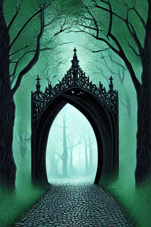 Image similar to beautiful digital painting high quality heavy iron gothic gate in the woods cobblestone ground by Eyvind Earle , ,artstation behance