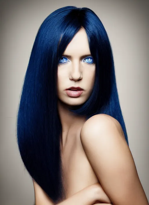 Prompt: portrait photograph of the most beautiful woman with a long dark blue hair, blue eyes, stern expression, award winning