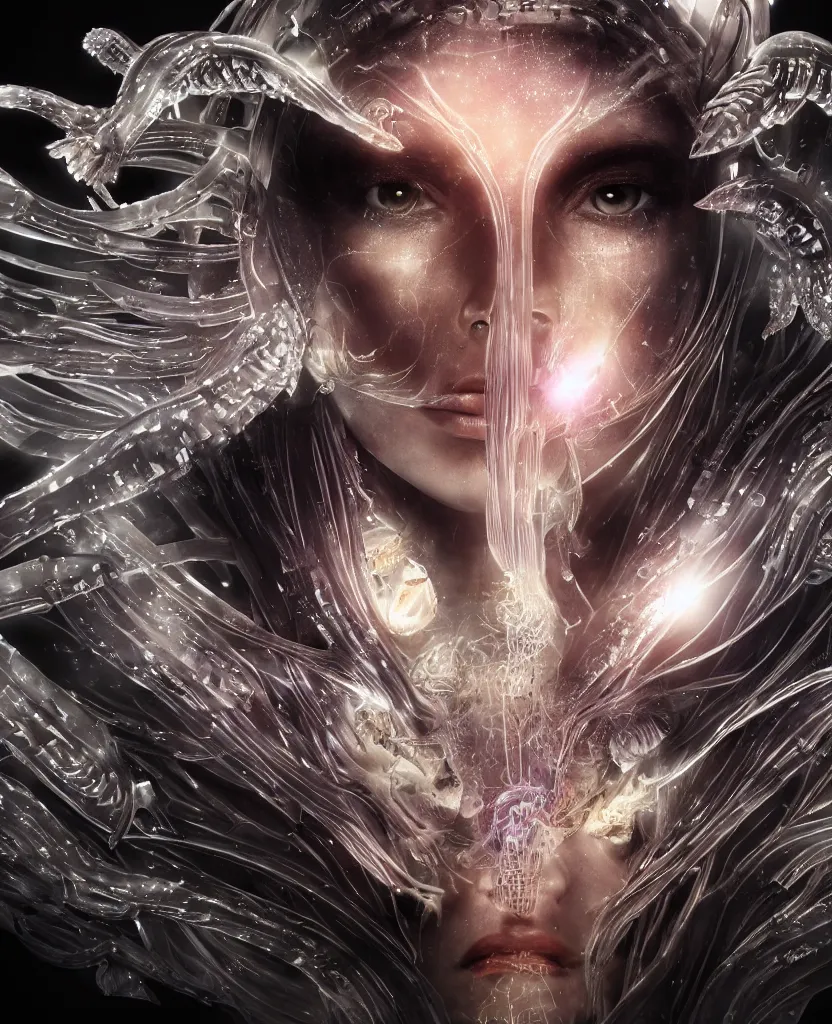 Image similar to epic futuristic ancient close-up macro portrait of the face of a beautiful princess, epic angle and pose, symmetrical artwork, 3d with depth of field, blurred background, cybernetic jellyfish crystal, obsidian, female face skull phoenix bird, translucent, nautilus, energy flows of water and fire. a highly detailed epic cinematic concept art CG render. made in Maya, Blender and Photoshop, octane render, excellent composition, cinematic dystopian brutalist atmosphere, dynamic dramatic cinematic lighting, aesthetic, very inspirational, arthouse. y Greg Rutkowski, Ilya Kuvshinov, WLOP, Stanley Artgerm Lau, Ruan Jia and Fenghua Zhong