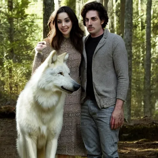 Prompt: adelaide kane standing next to a large white wolf in a forest