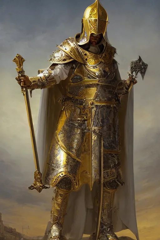 Image similar to man in decorated with gold in baroque style crusader armor, helmet and white cape with cross on it holding decorated with gold sword on it standing at the gates of jerusalem drawn by greg rutkowski realistic high detail