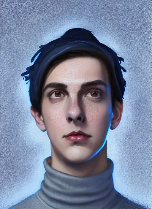 Image similar to portrait of teenage jughead jones wearing a light grey crown, crown, blue turtleneck, closed eyes, photorealistic, black hair, glowing lighting, intricate, elegant, glowing lights, highly detailed, digital painting, artstation, concept art, smooth, sharp focus, illustration, art by wlop, mars ravelo and greg rutkowski