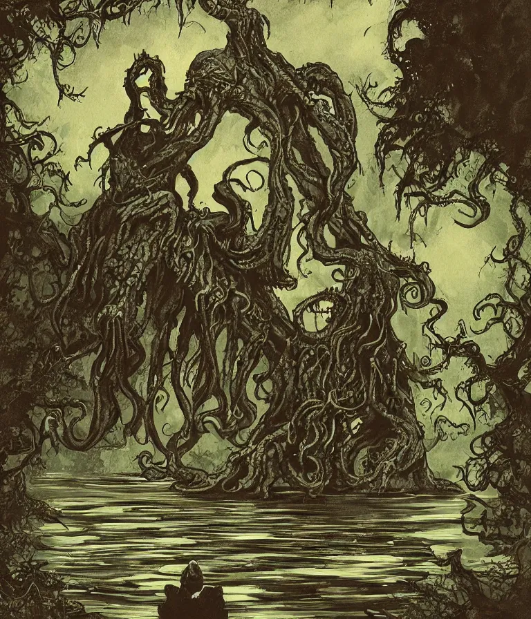 Prompt: illustration in the style of daniel danger of cthulhu sitting by a pond in the forest
