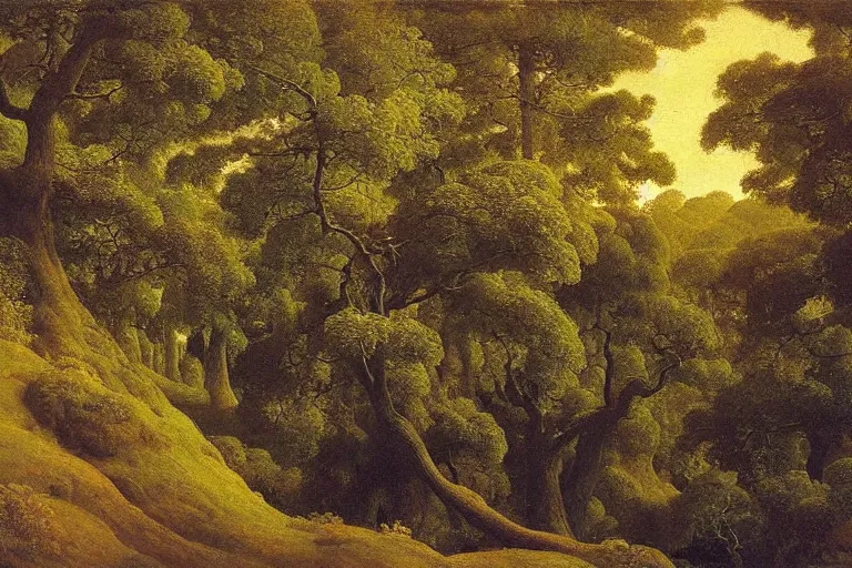 Image similar to masterpiece painting of oak trees on a hillside overlooking a creek, dramatic lighting, by elihu vedder