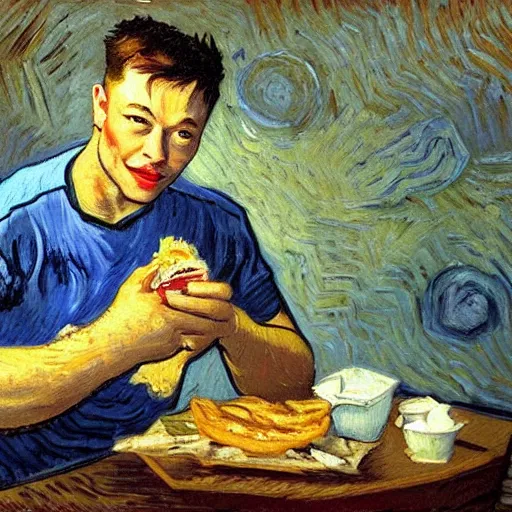 Prompt: a beautiful oil painting of elon musk eating a panini, 8k , award winning , made in 1800's , old , painted by vincent van gogh