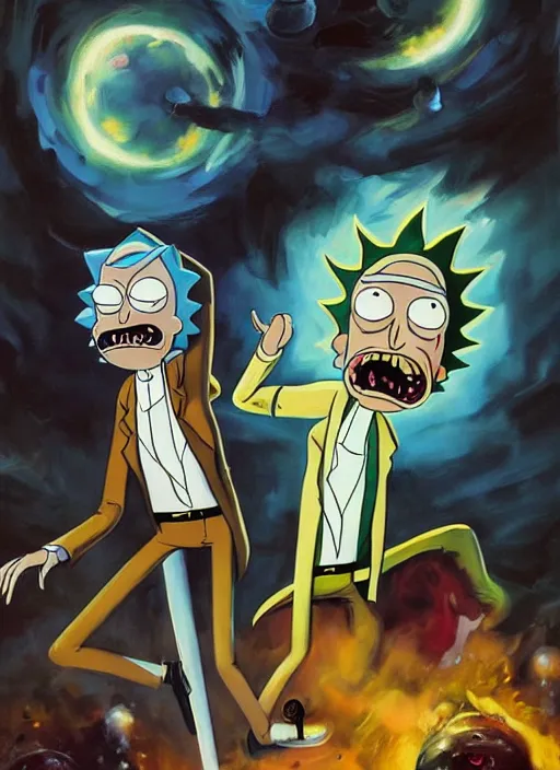 Image similar to rick and morty painting by phil hale, francisco goya,'action lines '!!!, graphic style, visible brushstrokes, motion blur, blurry, hd image