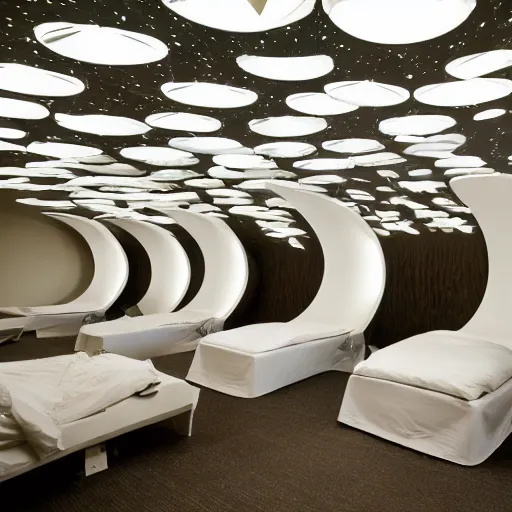 Image similar to cybernetic sleeping pods, diverse humans sleeping in healing pods, humans sleeping in healing pods, wide wide angle, vivid, elaborate, starry forest, highly detailed, beautiful dim lighting