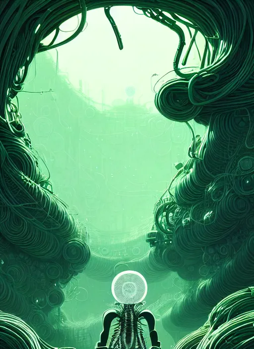 Image similar to highly detailed portrait of a biopunk long curly white hair tribal lady, stray wiring by atey ghailan, james gilleard, by joe fenton, by greg rutkowski, by greg tocchini, by kaethe butcher, 4 k resolution, gradient green, black and white color scheme!!! ( ( irradiated robotic leafy tornado landscape background ) )