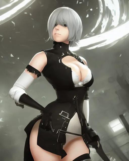 Image similar to Beautiful full body portrait of 2b, nier automata wearing short clothes, cinematic 8k, high detailed