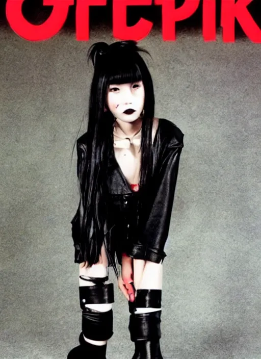 Prompt: photograph of 9 0 s japanese goth girl wearing platform boots and leather outfit, realistic, magazine photo, black eyeliner, long black ponytail, red lipstick