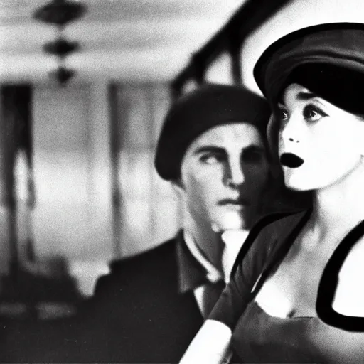 Prompt: still from a masterpiece 1 9 6 0 s french art film, very beautiful and elegant girl in beret with large eyebrows with an angry expression, moody lighting, viewed from afar, cinematic shot, the camera is focused on her conversation with a man, the movie is in color