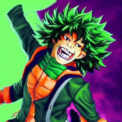 Image similar to an oil painting of a izuku midoriya wearing a hip - hop halloween costume of the devil, by artgerm, hd, hdr, ue 5, ue 6, unreal engine 5, realistic anime 3 d style, cinematic 4 k wallpaper, 8 k, ultra detailed, gta cover art, high resolution, artstation, award winning