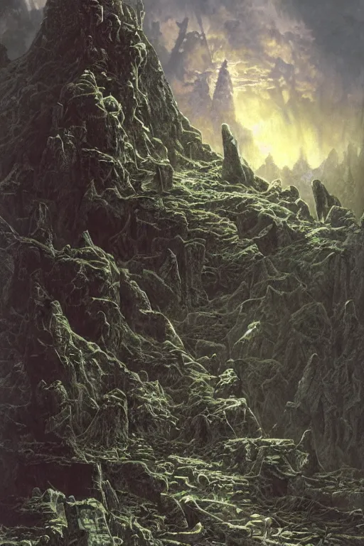 Prompt: Artwork by Ted Nasmith of the cinematic view of the Inescapable Stronghold of Forgotten Pain.