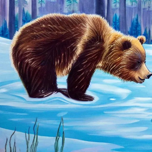 Image similar to grizzly bear cub chilling in a hot tub, calming, nature, painting, bob ross.