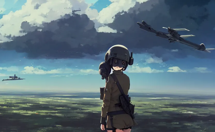 Image similar to panoramic view of cute pilot girl, black sky background, battlefield landscape, illustration concept art anime key visual trending pixiv fanbox by wlop and greg rutkowski and makoto shinkai and studio ghibli and kyoto animation, soldier clothing, military weaponry, fused airplane parts, rule of thirds