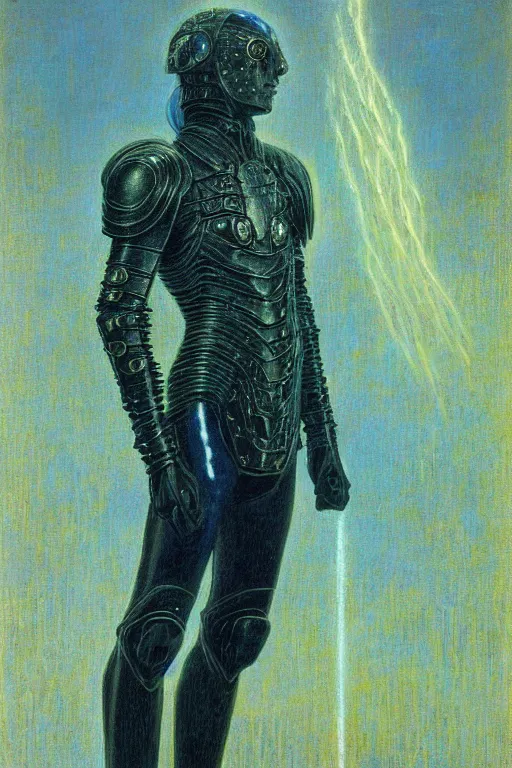 Image similar to portrait of beautiful gothic young man, warhammer, cyber armor, a lot of scars, thunderstorm and fire, blue head, the middle ages, highly detailed, artstation, illustration, art by jean delville, 8 k quality, art by jean delville, max ernst