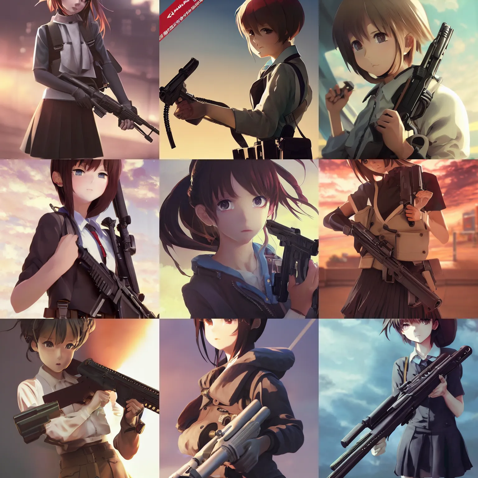 Prompt: worksafe. insanely detailed. by wlop, ilya kuvshinov, krenz cushart, greg rutkowski, pixiv. zbrush sculpt, octane, maya, houdini, vfx. closeup gorgeous attractive young cg anime teen kid schoolgirl holding rifle qbz - 1 9 1, in luxury advertisement. cinematic dramatic atmosphere, sharp focus, volumetric lighting