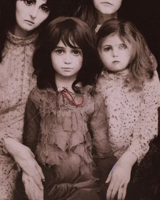 Prompt: an instant photo of a beautiful but sinister family in layers of fear, with haunted eyes and tangled dark hair, 1 9 7 0 s, seventies, delicate embellishments, a little blood, crimson, painterly, offset printing technique, mary jane ansell