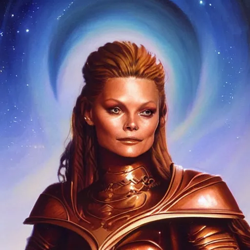 Prompt: portrait of a stunningly beautiful paladin in copper plate armor who looks like young michelle pfeiffer, moonlight in the background by boris vallejo and julie bell, soft details, soft lighting, HD, elegant, intricate, masterpiece