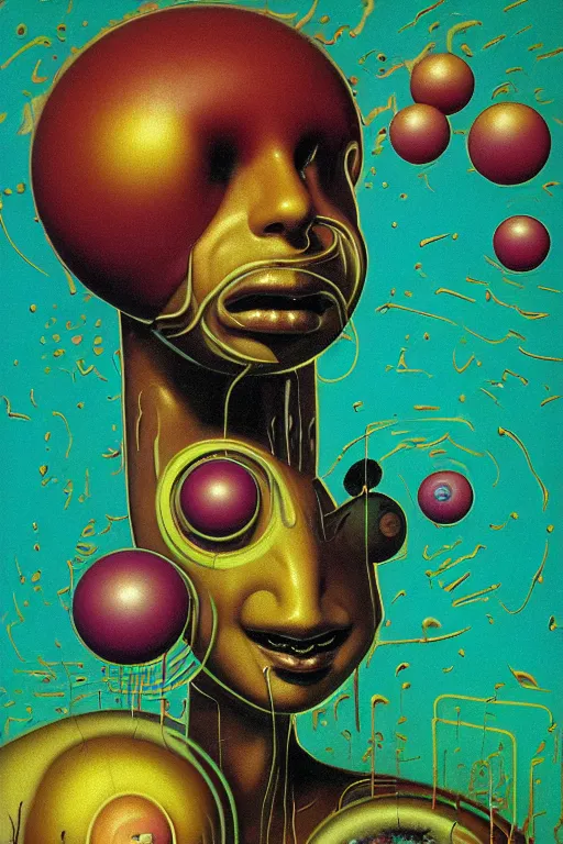 Image similar to 8 0 s art deco close up portait of mushroom head with big mouth surrounded by spheres, rain like a dream oil painting curvalinear clothing cinematic dramatic cyberpunk textural fluid lines otherworldly vaporwave interesting details fantasy lut epic composition by basquiat zdzisław beksinski james jean artgerm rutkowski moebius francis bacon gustav klimt