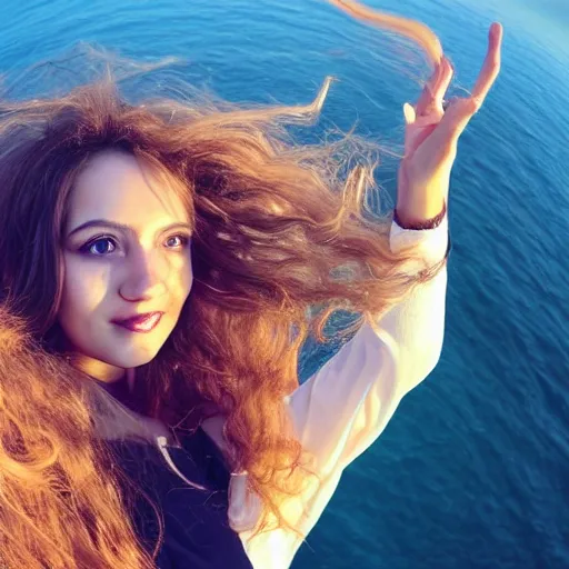 Image similar to Selfie of a beautiful woman with gorgeous flowy hair, standing over a cliff, beautiful volumetric lighting, subsurface scattering!!!!!!, (((((vivid))))) atmosphere, radiant sunshine, trending on artstation, 4k, 8k, artstation portrait imagery, fisheye!!!!! lens, instagram!!!!! selfie!!!!!