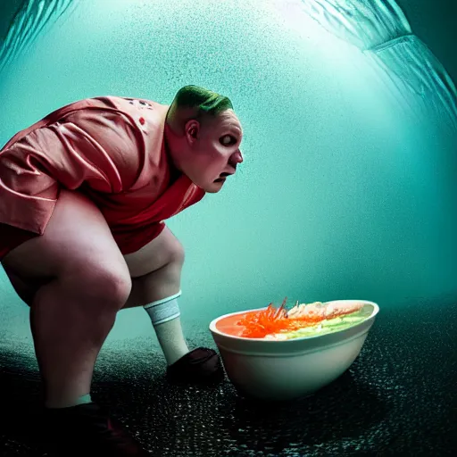 Image similar to wide - angle photo of augustus gloop eating body sushi, high focus, dramatic lighting, high detail, photo by david lachappelle 8 k