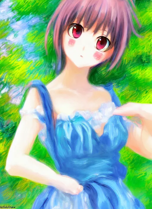 Image similar to an extremely cute girl, anime in impressionist style, trending artwork, 4 k, anime painter studio, by claude monet