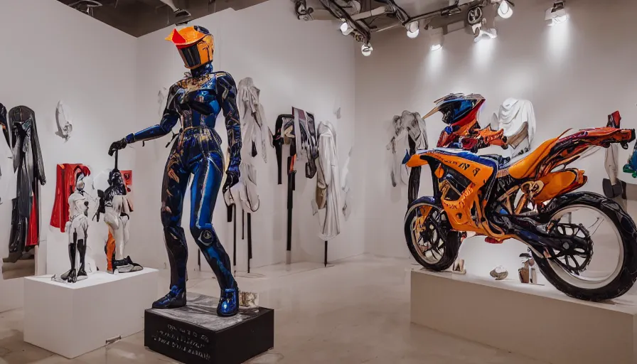 Image similar to extremely beautiful photo of a white marble statue of an anime girl with colorful motocross logos and motorcycle helmet with closed visor, standing in an airy light fashion boutique, large space, colorful smoke in the background, carved marble statue, fine art, neon genesis evangelion, virgil abloh, offwhite, denoise, highly detailed, 8 k, hyperreal